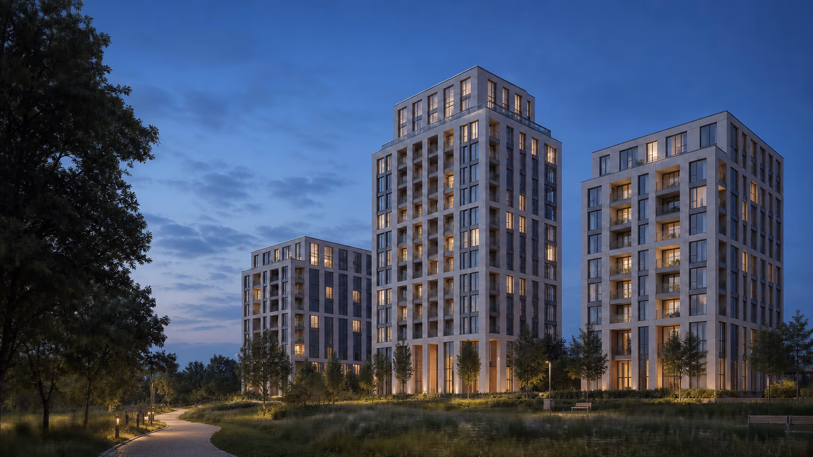 AERIA PARK в вечернем освещении